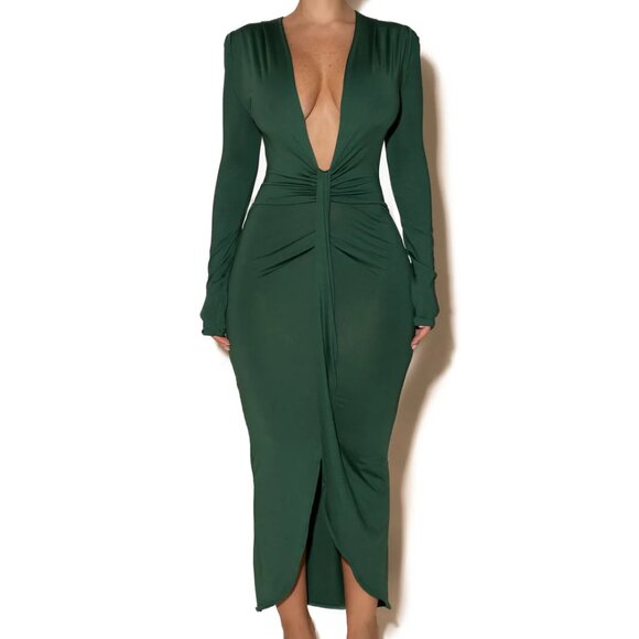 Jocacy Women's Dress Size M Annabelle Green Front Slit Midi Low Cut - Picture 1 of 8